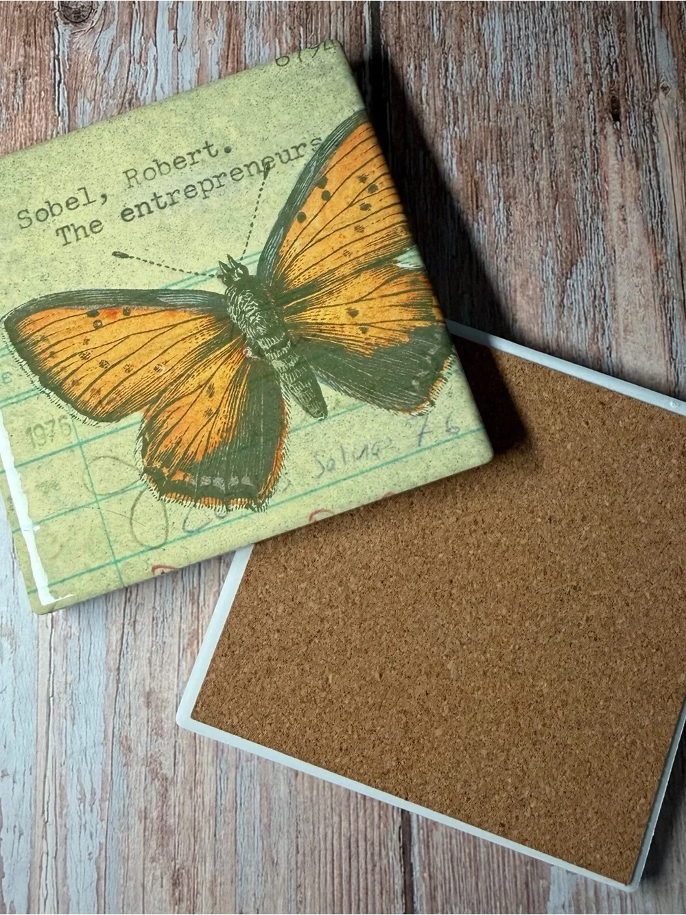 Bookish Ceramic Coaster for Book Lovers Butterfly Ephemera Library Card Set of 2